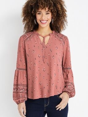 Women’s Dusty Rose Boho Tie-Neck Blouse